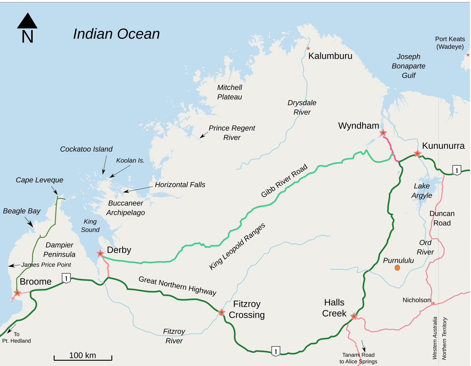 Labelled map of the Kimberley region of Western Australia showing the coast, inland ranges and major settlements